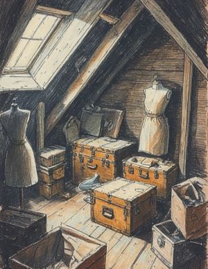 An attic with trunks, crates, and dress forms that are lit by a small window, drawn with colored pencil.